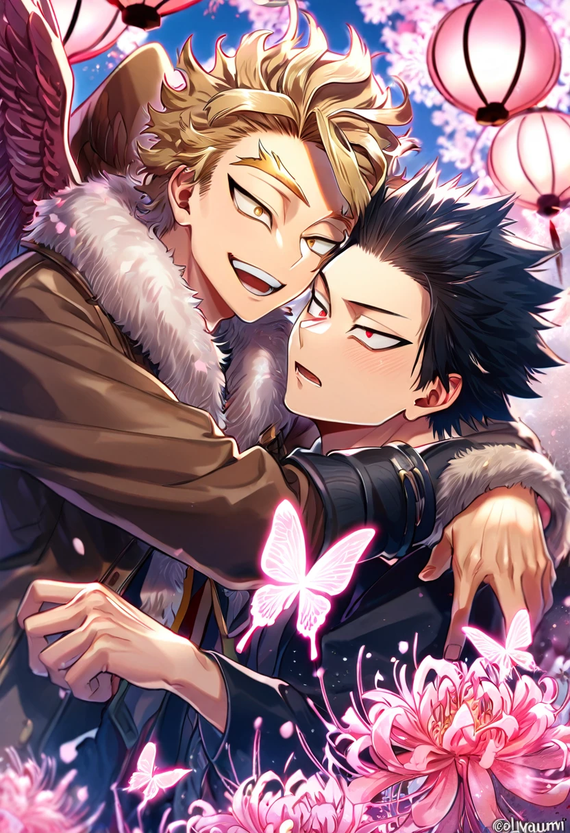 absurd resolution, high resolution, ultra detailed, detailed eyes, delicated features, extremely detailed, HDR, 8K, Hawks, ash-blonde hair, expressive golden brown eyes, Boku No Hero Academia, Megumi, black hair, expressive red eyes, two sexy men together, yaoi, gay couple, handsome, brown coat with fur, black coat, fantasy, cool, magical, pink glittering butterflies, pink dust flying around, pink spider lilies, pink petals, pink lanterns, Japanese ambiance, pink blossoms