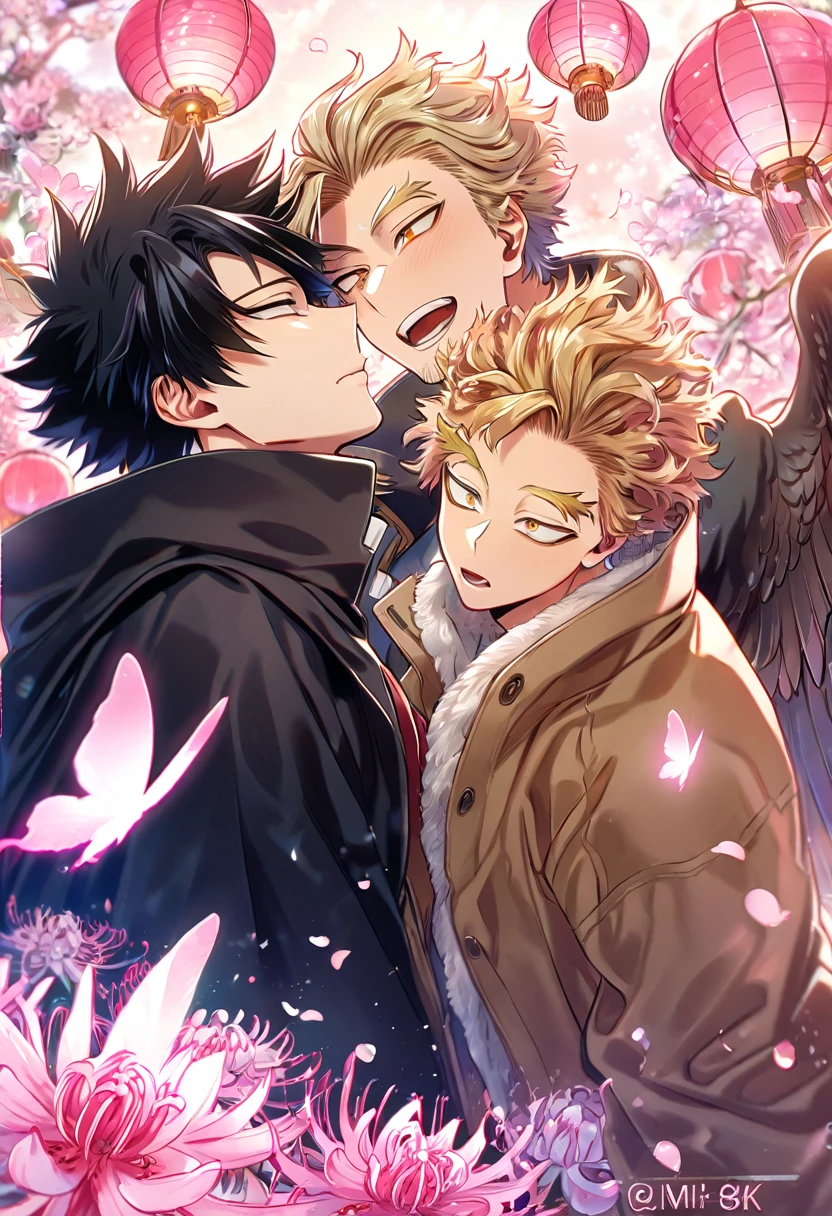 absurd resolution, high resolution, ultra detailed, detailed eyes, delicated features, extremely detailed, HDR, 8K, Hawks, ash-blonde hair, expressive golden brown eyes, Boku No Hero Academia, Megumi, black hair, expressive red eyes, two sexy men together, yaoi, gay couple, handsome, brown coat with fur, black coat, fantasy, cool, magical, pink glittering butterflies, pink dust flying around, pink spider lilies, pink petals, pink lanterns, Japanese ambiance, pink blossoms