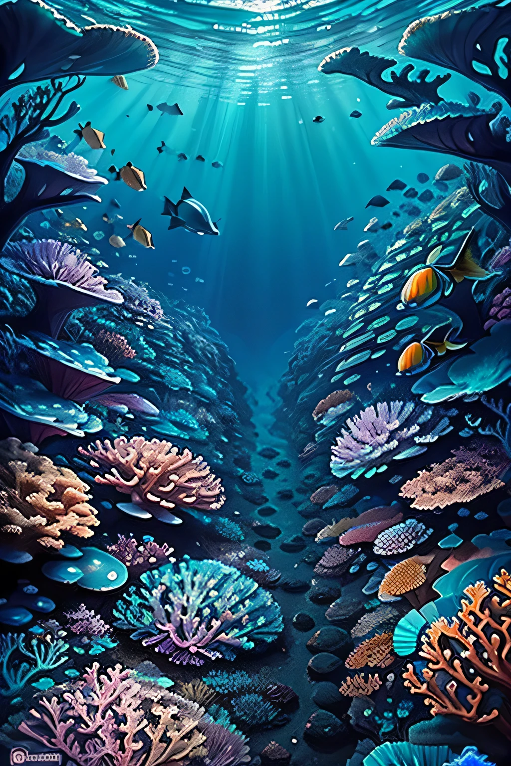 In a breathtaking 4K 16:9 image, dive into a vibrant underwater kingdom teeming with life. The colorful coral reefs shimmer with hues of neon blue, emerald green, and fiery orange, creating an enchanting backdrop for the various marine species that call this realm home. Schools of vibrant fish dart among the reefs, their scales glinting like precious gems as they swim. Giant clams with iridescent shells stand as sentinels, while playful sea turtles glide past with grace.

At the heart of this kingdom lies a magnificent royal palace made entirely of mother-of-pe