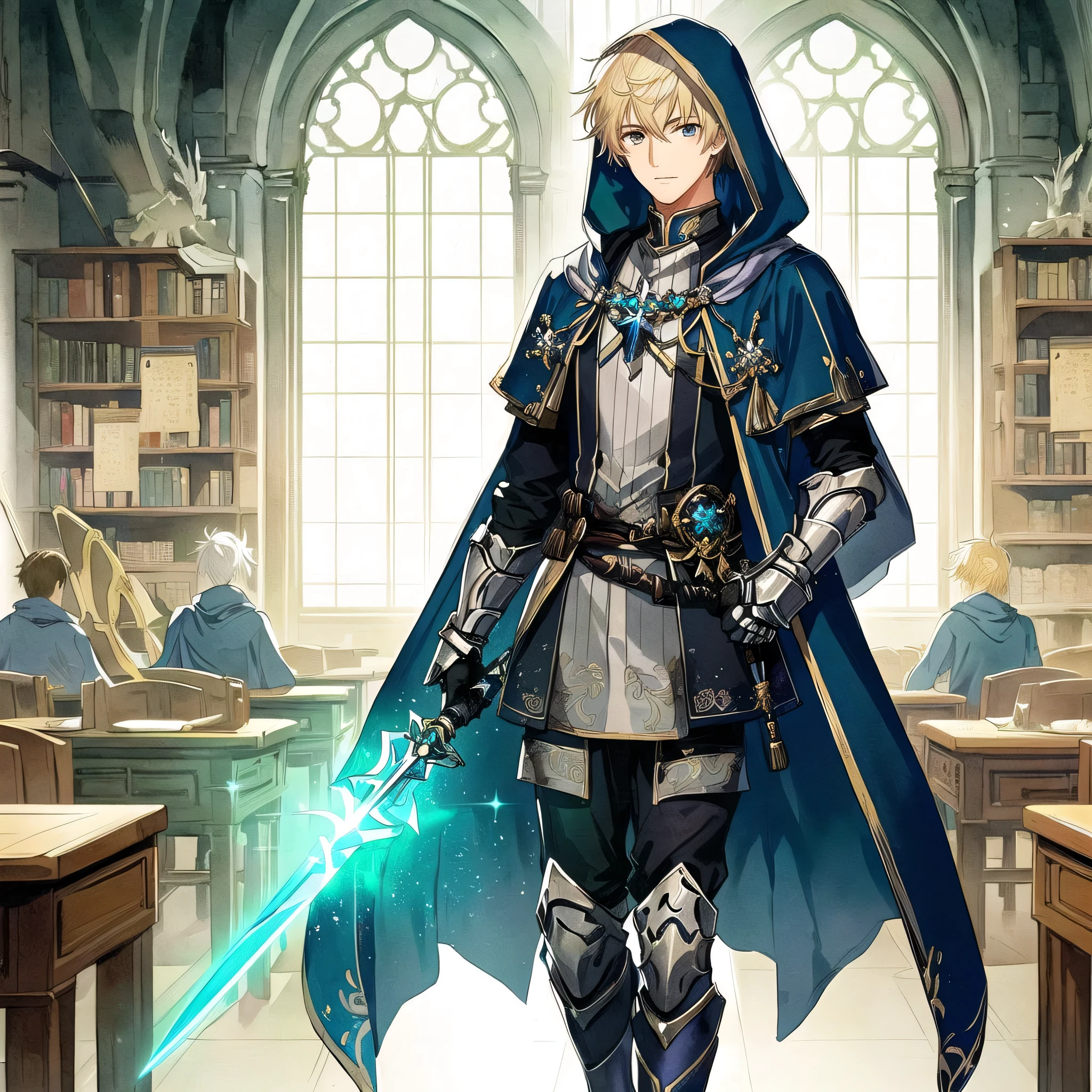 full height, Japanese digital art style, watercolor, grainy, long shot image of a handsome young male nobleman who is a mage-knight student with short blonde hair and striking silver eyes, wears a hood over his head and navy-blue magic robes that have light armor pieces underneath, lightly armored gauntlets and boots, standing inside the class room of a detailed magic tower wielding a magical turquoise-green moonlight sword. Full body.