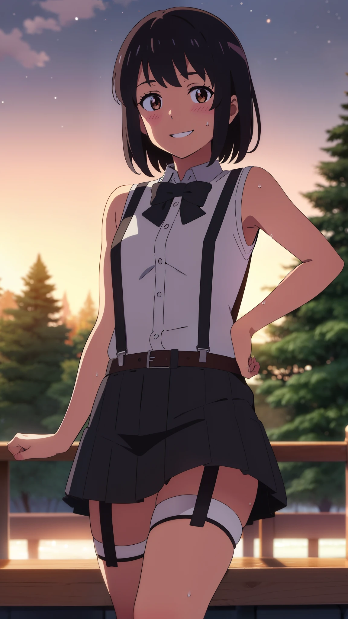 shinkai makoto, kimi no na wa., 1girl, bangs, black hair, blush, brown eyes, perfect face, looking at the viewer, black suspenders, white dress, bare shoulders, garterbelt, garter, sight, mini skirt, belt, short hair, solo, shinny skin, smile, cute, grin, cloudy, night sky, forest background, tree, sweat, (masterpiece), best quality