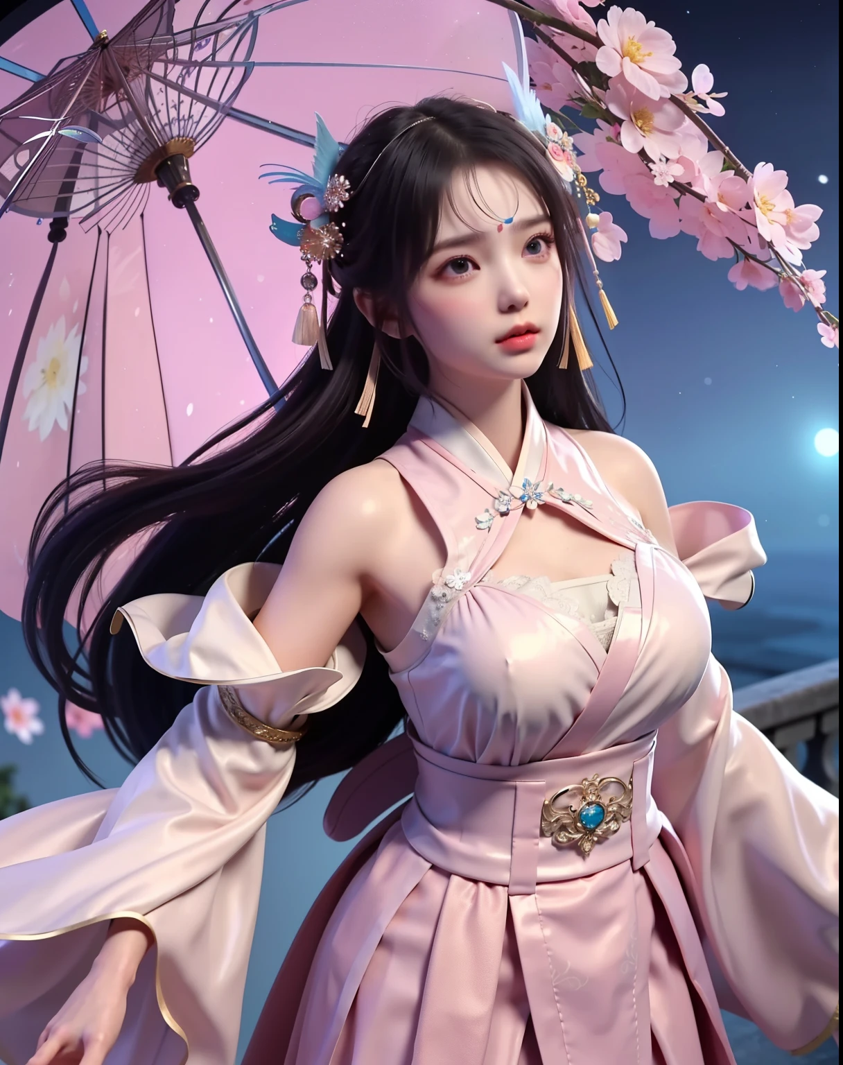 (8k, RAW photo:1.2), best quality, ultra high res,dramatic angle,(fluttered detailed color splashs), (illustration),(((1 girl))),(long hair),(rain:0.9), (Headdress:1.4),There is an ancient palace beside the girl,Hanfu,(Key Points),Color ink painting,(Splash of Color),Splash of Color,(((colorful))),(sketch:0.8) , Masterpiece, best quality, beautiful painted, highly detailed,(denoising:0.6),[splash ink],((ink refraction)), (beautiful detailed sky),moon,highly,detaild,(masterpiece, best quality, extremely detailed） CG Unity 8k Wallpaper，masterpiece，best quality，Ultra Detailed），（Lycoris）. hanfu open v   open V-chested clothes Thin silk lace dress , (huge ，cleavage),, white pink, blue ，best qualtiy，tmasterpiece，Ultra-high resolution，（Reality：1.4），RAW photogr，（True skin texture：1.3），（filmgrain：1.3），（Selfie angle），1个Giant Breast Girl，Beautiful eye and face details，tmasterpiece，Best quality at best，，The chest more exposed， detailed hair, bra pink , detail 8k, upper body, lace petticoat