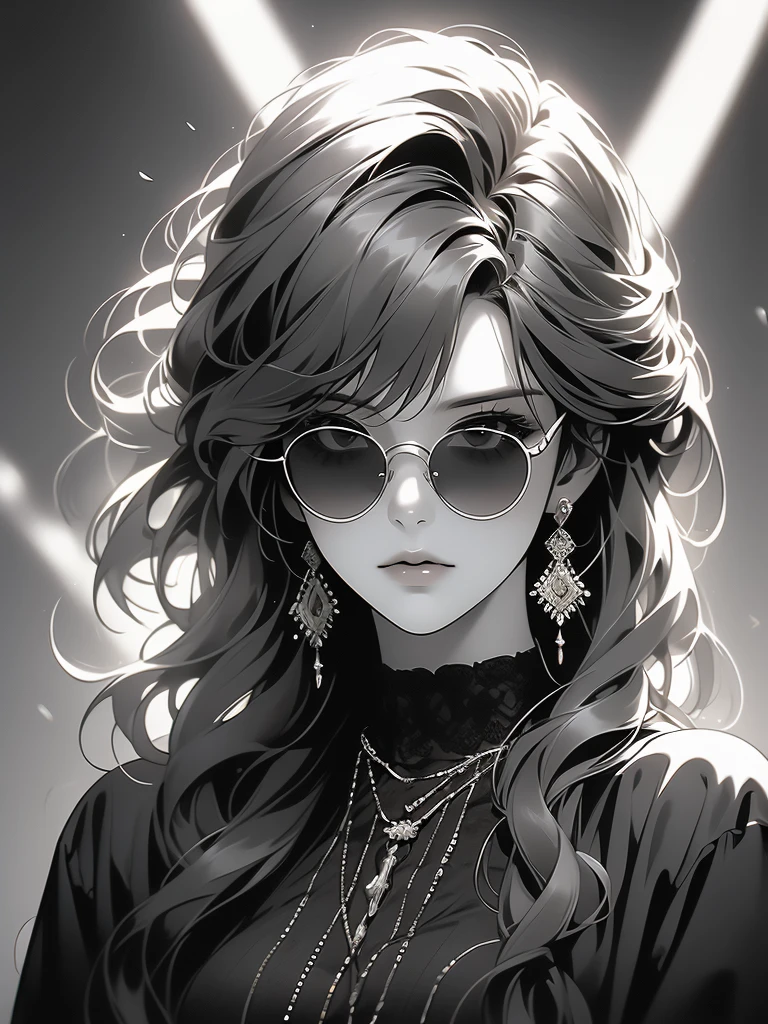 there is a photo of a woman with bangs and sun glasses, greyscale, solo, monochrome, jewelry, sunglasses, earrings, long hair, 1girl