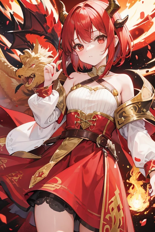 Cute girl with short red shoulder-length hair with dragon horns and fire around, with a brown, red and white dress with gold details with a small dragon on the shoulder, dress similar to that of a medieval period, with the brown skirt