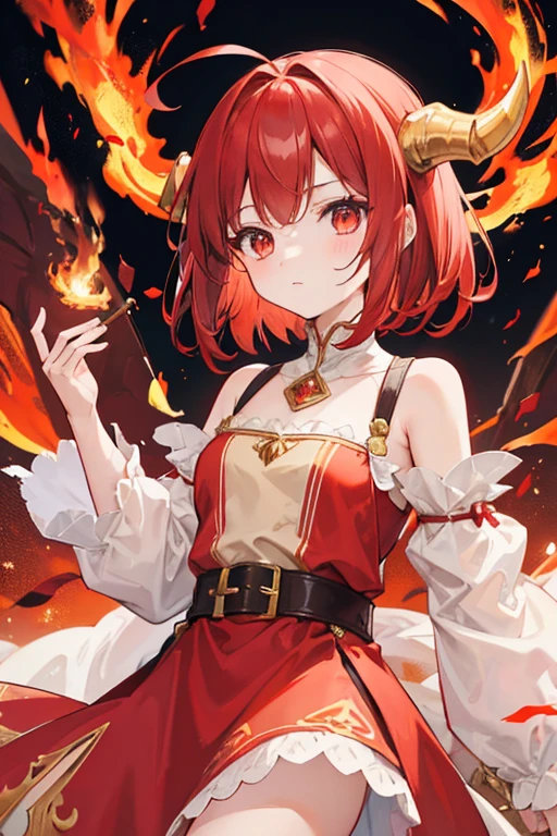 Cute girl with short red shoulder-length hair with dragon horns and fire around, with a brown, red and white dress with gold details with a small dragon on the shoulder, dress similar to that of a medieval period, with the brown skirt