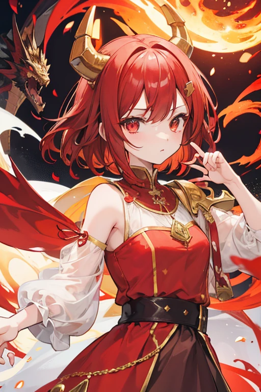 Cute girl with short red shoulder-length hair with dragon horns and fire around, with a brown, red and white dress with gold details with a small dragon on the shoulder, dress similar to that of a medieval period, with the brown skirt