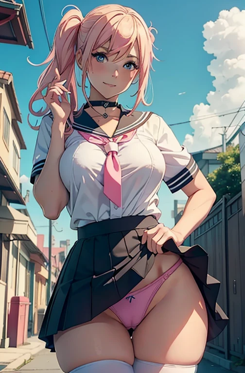 Anime girl with pink hair and sailor suit posing for a photo., realist , seductive anime girl, hyperrealist , a hyperrealist , yaoi kasuma, OPPAI, Sakura Haruno, grin, I will also make fanart., beautiful anime high school girl, school girl, [ Artedigital 4K ]!!, , {{ Line}}, {{camel toe}}, {{Skirt lift 1.5}}, (Marissa Dubois 1)disdainful, disdainful, a milf、transparent string panties,NSFW,a blonde、School uniforms for Marissa Dubois 2.0 ),