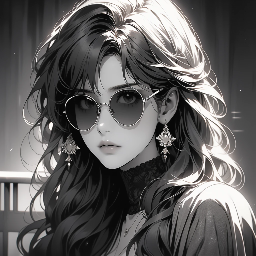 there is a photo of a woman with bangs and sun glasses, greyscale, solo, monochrome, jewelry, sunglasses, earrings, long hair, 1girl