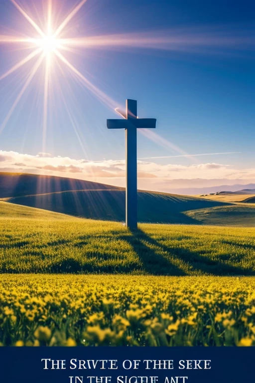  "A cinematic 8K scene depicting a majestic cross illuminated by a beam of sunlight against a deep blue, serene sky. The cross should softly illuminate a flower-filled field, symbolizing hope and love. Include the text 'For God so loved the world...' in an elegant and subtle font."