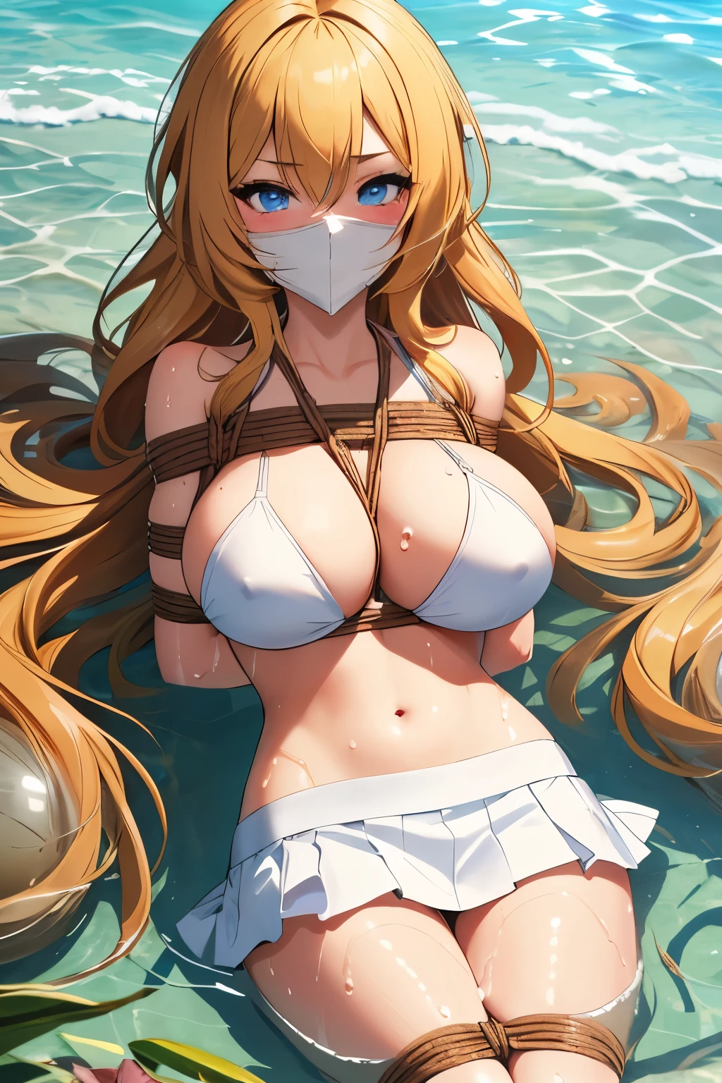 1 girl, (detailed blue eyes, lange wimpern, detailed beautiful face:1.1), 4k quality, (Long blonde hair:1.4), (arms behind back:1.3), (big breasts:1.5), Red rope, (blushing:1.3), erina nakiri, long hair, orange hair, hair between eyes, (naked, White skirt, White Bikini, 18 jears old:1.4), (bondage:1.3), erhobene Augenbrauen, pralle Brüste, OTN, Gag, gagged, (laying in water:1.5), wet, (near a Public beach with many people:1.5)