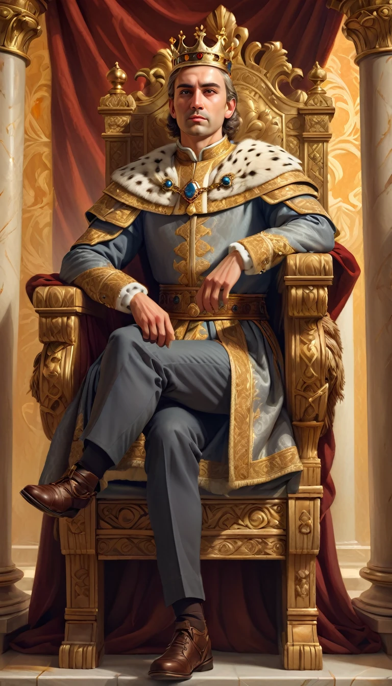 a king sitting on his throne, a man standing before him, detailed facial features, high quality, photorealistic, digital painting, dramatic lighting, intricate details, historical scene, classical art style, warm color palette