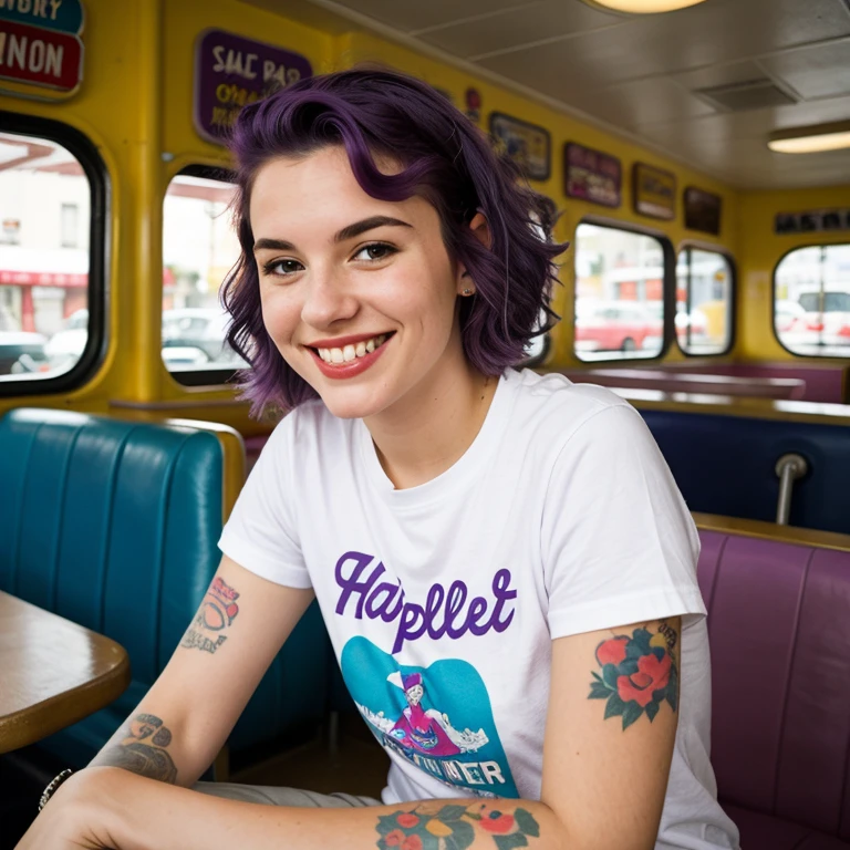street photography photo of a young woman with purple hair, smile, happy, cute t-shirt, tattoos on her arms, sitting in a 50s diner