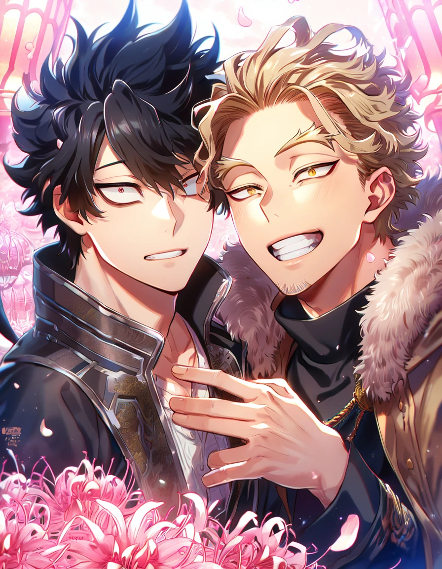 absurd resolution, high resolution, ultra detailed, detailed eyes, delicated features, extremely detailed, HDR, 8K, Hawks, ash-blonde hair, expressive golden  eyes, Boku No Hero Academia, Megumi, black hair, messy hair, expressive red eyes, two sexy men together, yaoi, gay couple, handsome, brown coat with fur, black coat, fantasy, cool, magical, pink glittering butterflies, pink dust flying around, pink spider lilies, pink petals, pink lanterns, Japanese ambiance, pink blossoms