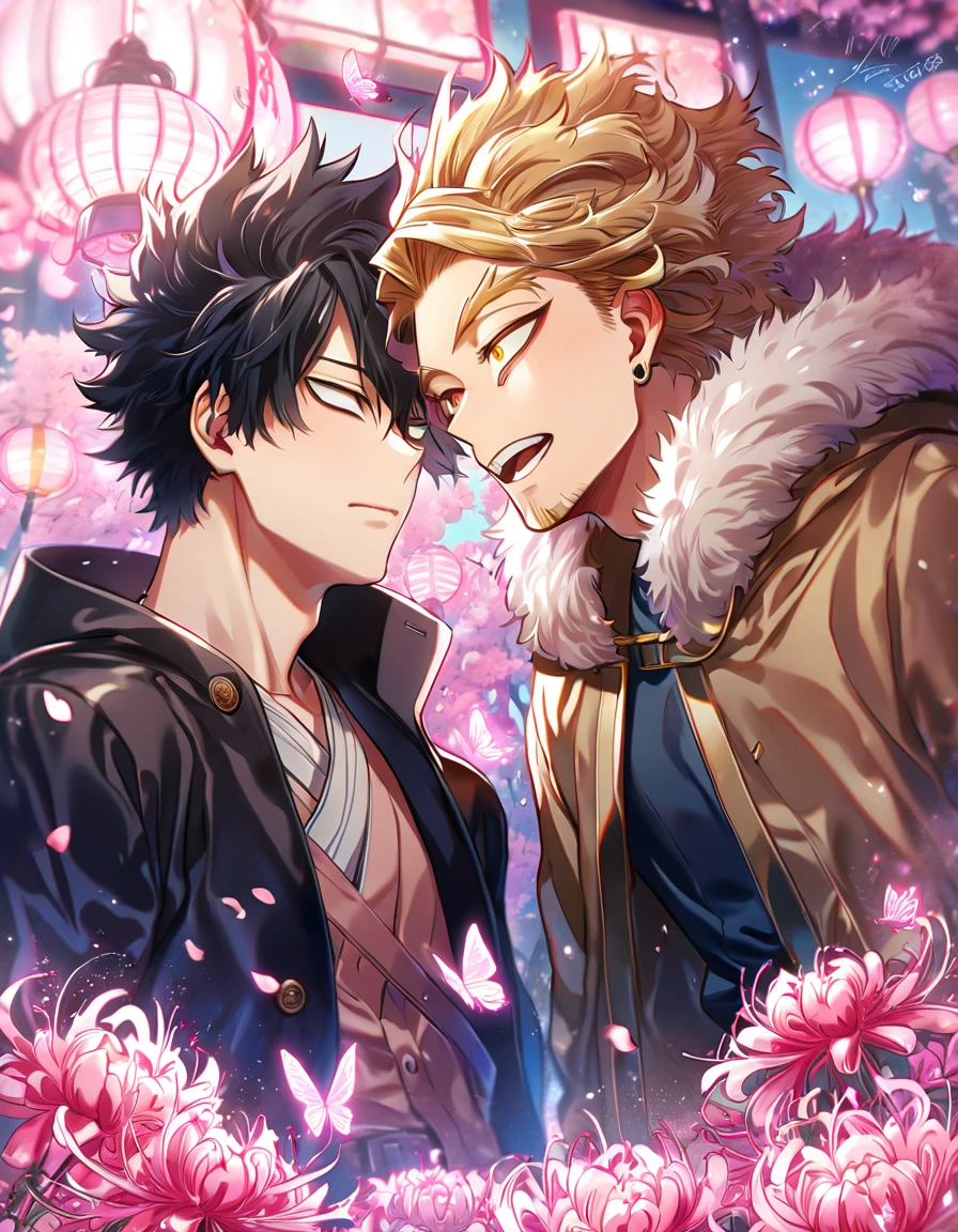 absurd resolution, high resolution, ultra detailed, detailed eyes, delicated features, extremely detailed, HDR, 8K, Hawks, ash-blonde hair, expressive golden eyes, Boku No Hero Academia, Megumi, black hair, messy hair, expressive red eyes, two sexy men together, yaoi, gay couple, handsome, brown coat with fur, black coat, fantasy, cool, magical, pink glittering butterflies, pink dust flying around, pink spider lilies, pink petals, pink lanterns, Japanese ambiance, pink blossoms