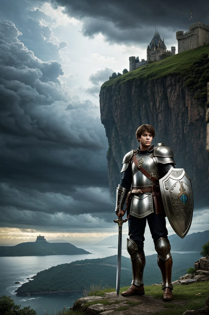 Teenage male hero in full armor standing on a cliff holding a sword and shield facing a large and imposing castle in the distance dark and stormy sky 8bit retro style pixelated graphics vibrant colors highdefinition trending on pixiv