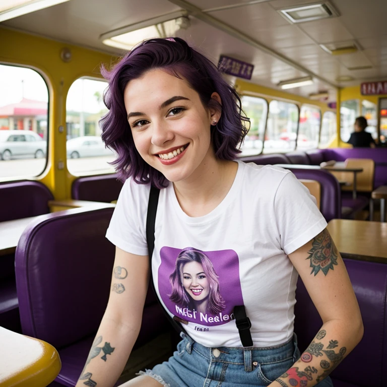 street photography photo of a young woman with purple hair, smile, happy, cute t-shirt, tattoos on her arms, sitting in a 50s diner