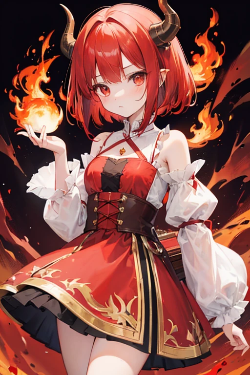 Cute girl with short red shoulder-length hair with dragon horns and fire around, con un vestido marron con rojo y blanco con detalles dorados con un small dragon on the shoulder, dress similar to that of a medieval period, with the brown skirt, Coffee skirt, small dragon on the shoulder 