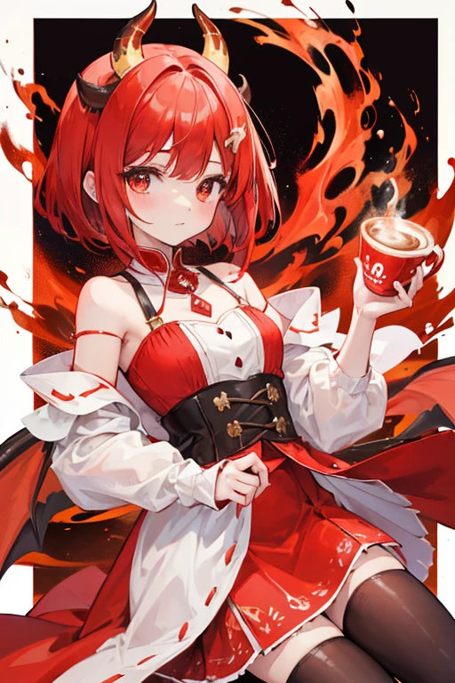 Cute girl with short red shoulder-length hair with dragon horns and fire around, con un vestido marron con rojo y blanco con detalles dorados con un small dragon on the shoulder, dress similar to that of a medieval period, with the brown skirt, Coffee skirt, small dragon on the shoulder