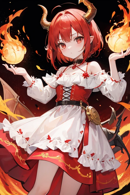 Cute girl with short red shoulder-length hair with dragon horns and fire around, con un vestido marron con rojo y blanco con detalles dorados con un small dragon on the shoulder, dress similar to that of a medieval period, with the brown skirt, Coffee skirt, small dragon on the shoulder