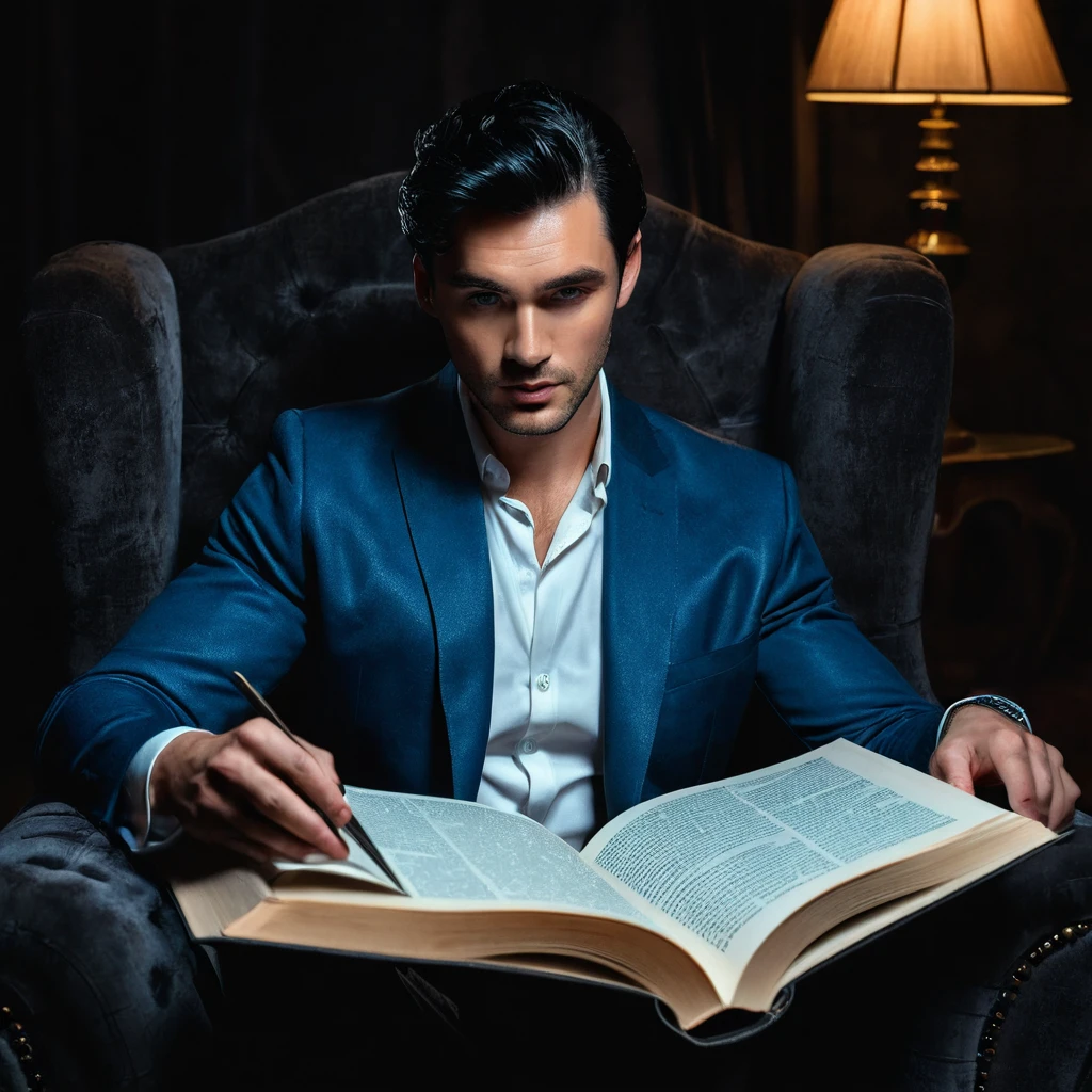 a handsome man, with black hair, with blue eyes, reads a big book, on an armchair, darkness, dark, mysterious