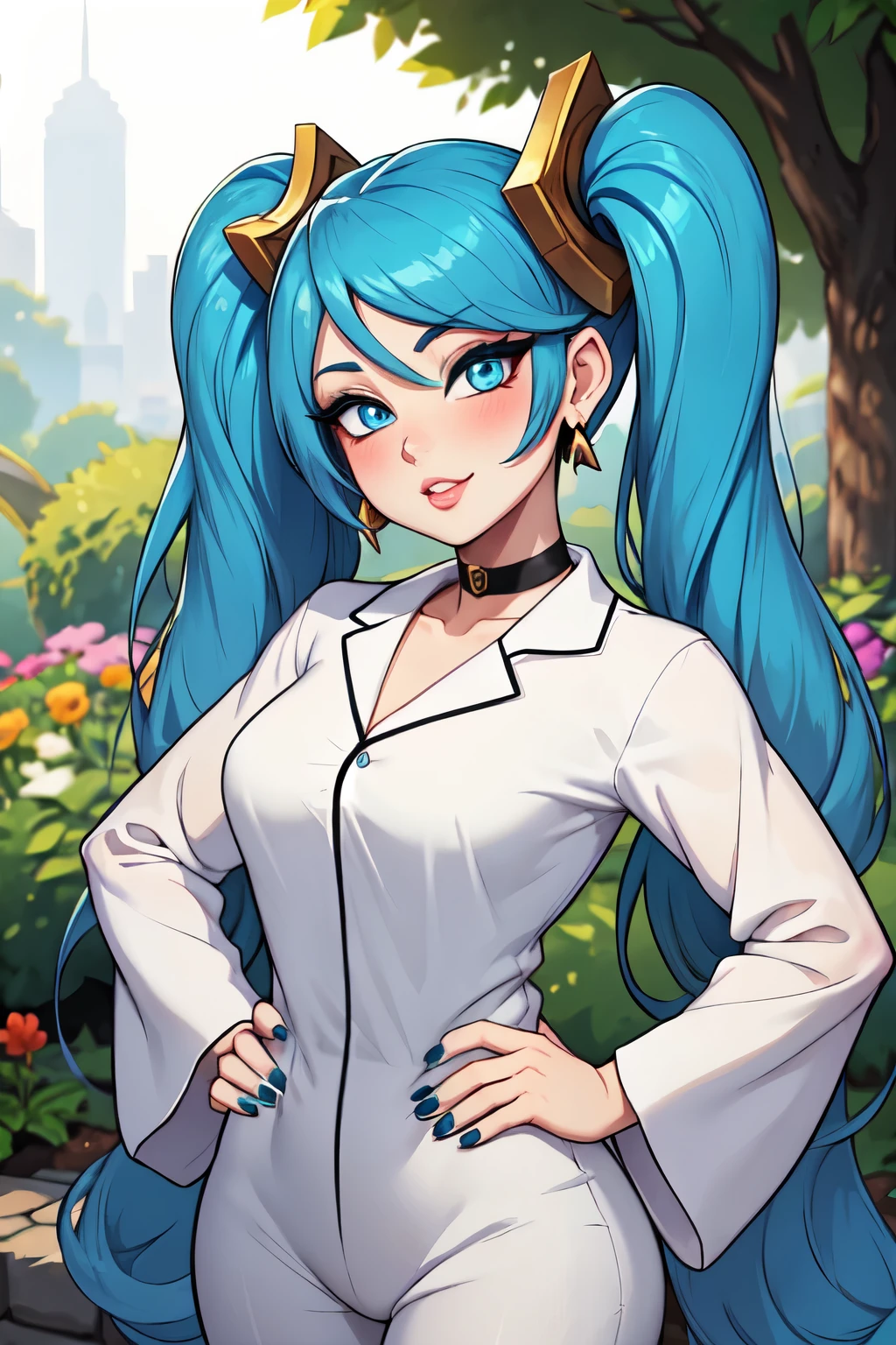 detailed eyes, 4k, high quality, super detailed face, 1girl, looking at viewer, sona \(league of legends\), earrings, skinny, narrow waist, black choker, white pajamas, hands on own hips, blue nails, blue hair, blue eyes, gradient hair, twintails, very long hair, hair ornament, smirk, :o, lips, eyeshadow, head tilt, blush, upper body, outdoors, garden, 