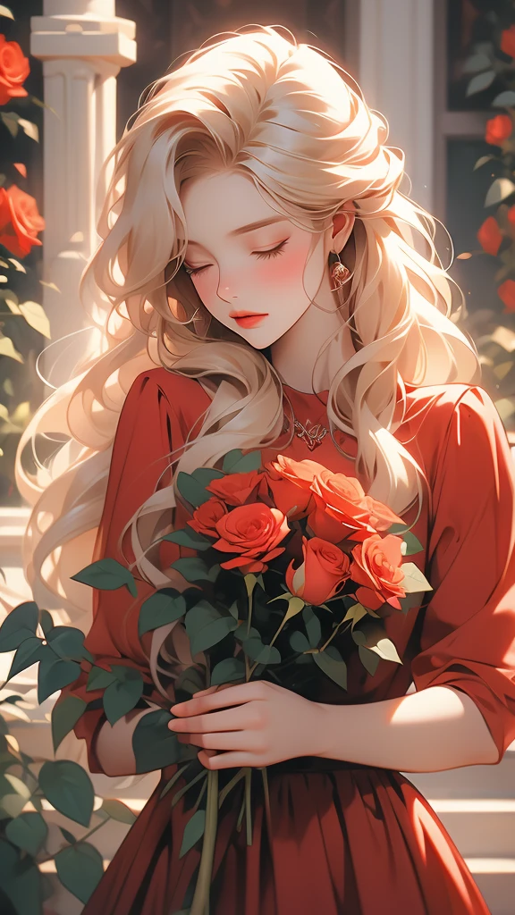 a woman with long blond hair holds a red rose between her red fingers, 1girl, flower, rose, solo, long hair, closed eyes, blonde hair, red flower