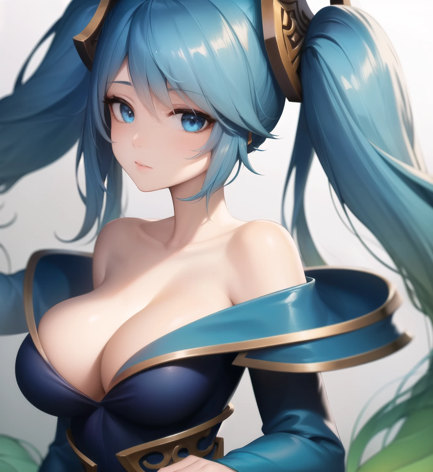 masterpiece, best quality, 1girl, Sona \(league of legends\), blue hair, blue eyes, gradient hair, collarbone, twintails, hair ornament, long hair, blue dress, breasts, close-up, portrait