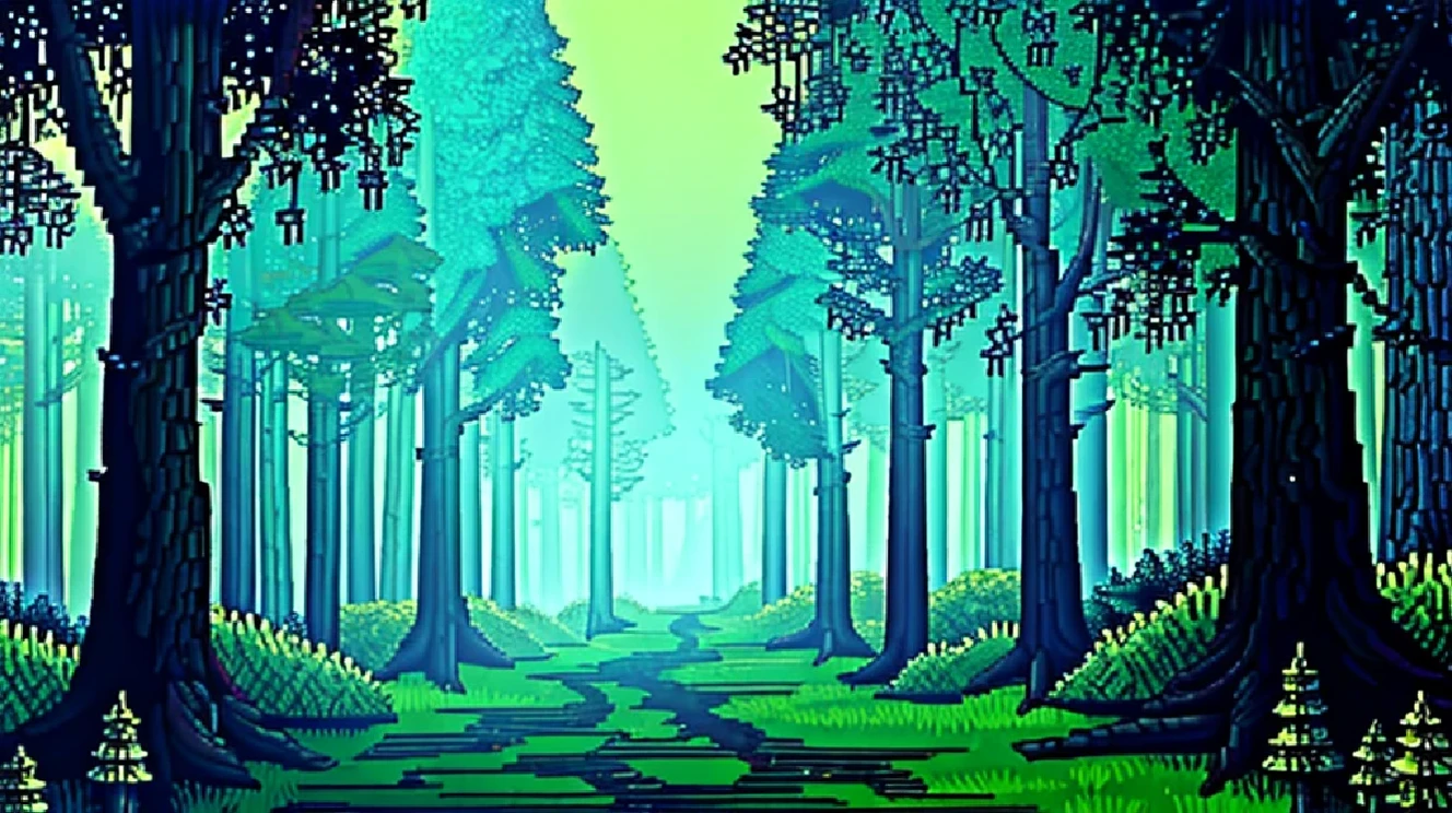 background , the forest, night,  Лесные пустоши - Темный the forest, full of dangers . Thick, with tall trees and dark paths, in pixelart style