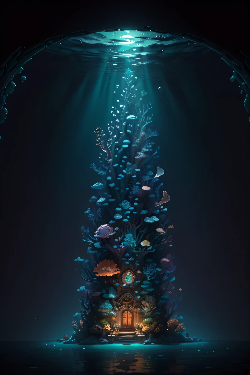 In an immersive 3:4 aspect ratio image, a captivating underwater kingdom comes to life, teeming with vibrant coral reefs and an array of mesmerizing marine life. Swirling schools of multi-colored fish dart past delicate fan corals, while playful sea turtles glide gracefully over the sandy seabed. The kingdom's architecture is equally captivating, with grandiose buildings adorned with iridescent shells and intricate, seaweed-encrusted sculptures. Bioluminescent algae cast a soft, ethereal glow over the scene, illuminating the water in a spectral dance of light