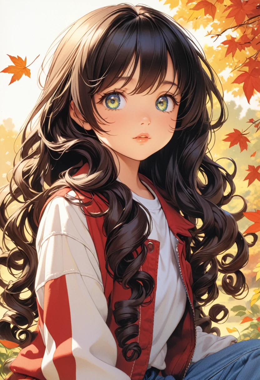 (twinsies:1.2),(Colored leaves:1.2)(Beautiful detailed eyes),(Loli face:1.2),(Lori:1.2),(Beautiful detailed eyes),(highlight in eyes:1.2),(length hair,Shiny hair:1.3),(Curly hair at the roots,:1.2),(((tareme))),(Black hair),(highlight in eyes:1.2),(1990's),(Illustration),(Best Quality), (Ultra-detailed:1.2),(top-quality),(masterpiece)