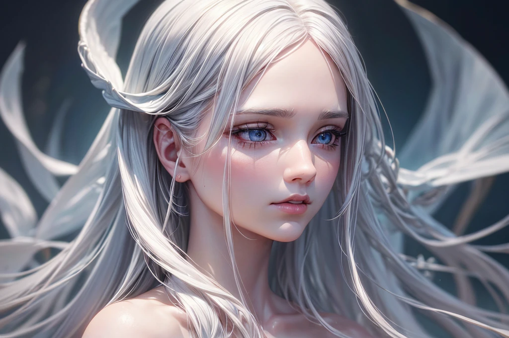 Platinum Blonde Fine Hair、(silver-white hair:1.5), (snow-white hair:1.1), (silver eyes:1.1), Super long silky straight hair, Bangs on the face and eyes, (Gray big eyes:1.1), Sheer White And Wet Nightgown Snow White Summer Dress, Nordic Youth, Perfect bodies, Very nice and cute, White muscles, Glowy skin, Youthful and beautiful skin, Perfect Beautiful Face Makeup, thin pink lips, Vivid expression、1 15-year-old girl, advertisement, Misleading、{Smoke}、Viewer's vision, The perspective of a bokeh atmosphere, more detailed, cinema light, intricately-detailed, hight resolution, Detailed features of the face design, High Details, Clear Focus, smoothness, aesthetics, printed, octans, {{tmasterpiece}}.