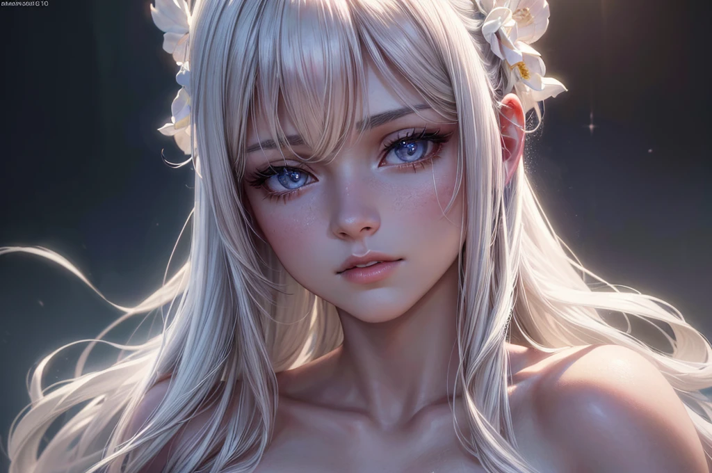 8k,Confused, High resolution, Very detailed, 1 Girl, alone, Very beautiful eyes, Ultra-precise depiction, Very detailed depiction, (Tangled:1.2), , (White high key background:1.5), (((naked:1.5))), See-through、Off the shoulder、Short platinum blonde, (Shiny skin), Many colors, , (Shooting from above:1.2),、Flat Body、slim、cute、、Round face、Cast a Shadow、See-through、