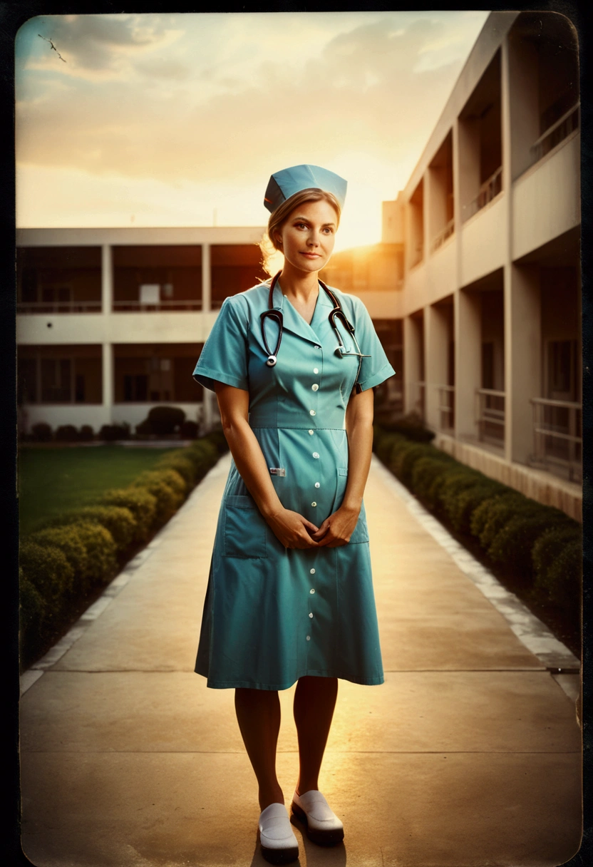 (nurse), lovely hospital yard, sunset, in the style of instant film, full body, award-winning, cinematic still, emotional, vignette, dynamic, vivid, (masterpiece, best quality, photorealistic, Professional, perfect composition, very aesthetic, absurdres, ultra-detailed, intricate details:1.3)