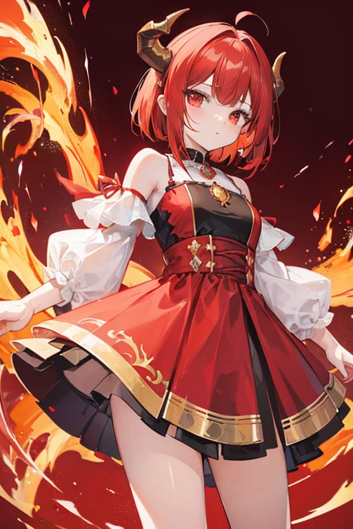 Cute girl with short red shoulder-length hair with dragon horns and fire around, con un vestido marron con rojo y blanco con detalles dorados con un small dragon on the shoulder, dress similar to that of a medieval period, with the brown skirt, Coffee skirt, small dragon on the shoulder, red dragon behind her