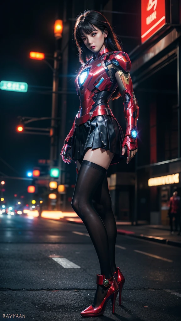 Beautiful Iron Man，Full body portrait，Wear a short skirt，Black pantyhose，Wearing high heels，Cyberpunk，Night，Hyperrealism，Neon Street，Ray Tracing，masterpiece，Light and Shadow，Fine drawing