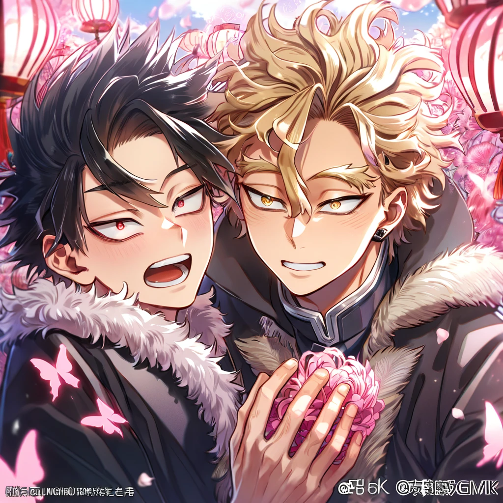 absurd resolution, high resolution, ultra detailed, detailed eyes, delicated features, extremely detailed, HDR, 8K, Hawks, ash-blonde hair, expressive golden brown eyes, Boku No Hero Academia, Megumi, black hair, messy hair, expressive red eyes, two sexy men together, yaoi, gay couple, handsome, brown coat with fur, black coat, fantasy, cool, magical, pink glittering butterflies, pink dust flying around, pink spider lilies, pink petals, pink lanterns, Japanese ambiance, pink blossoms