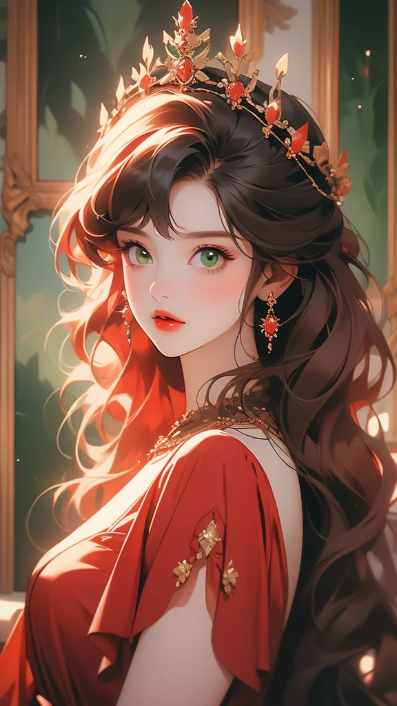 a painting of a woman in a red dress and a crown has long bangs, 1girl, solo, long hair, red hair, red lips, looking at viewer, lips, green eyes