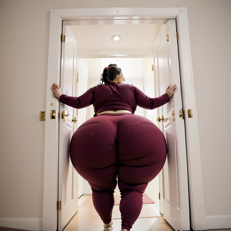 masterpiece, 1girl behind a doorway, from behind, (doorstuck, stuckbehind:1.3), ssbbw ,huge hips, round belly, thick thighs, giant butt,colorful clothing, wearing a maroon red suit and tie and formal pants, upset, desperately trying to wiggle through, she tries to free herself but she won't budge, she is stuck tight view from behind, she is too wide, the doorway is quite narrow too, she kicks her legs furiously, trying to wiggle her hips through the small door, but its no good, the door is too small, she keeps trying to squeeze through with frustration, she is stuck too tight