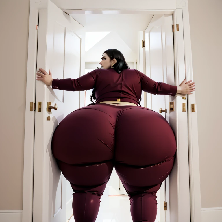 masterpiece, 1girl behind a doorway, from behind, (doorstuck, stuckbehind:1.3), ssbbw ,huge hips, round belly, thick thighs, giant butt,colorful clothing, wearing a maroon red suit and tie and formal pants, upset, desperately trying to wiggle through, she tries to free herself but she won't budge, she is stuck tight view from behind, she is too wide, the doorway is quite narrow too, she kicks her legs furiously, trying to wiggle her hips through the small door, but its no good, the door is too small, she keeps trying to squeeze through with frustration, she is stuck too tight