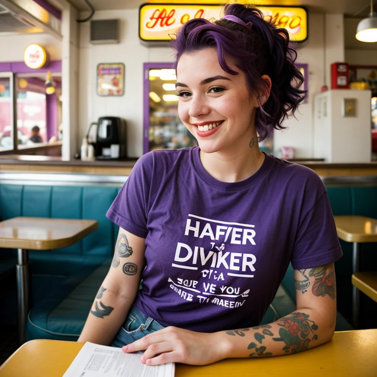 street photography photo of a young woman with purple hair, smile, happy, cute t-shirt, tattoos on her arms, sitting in a 50s diner
