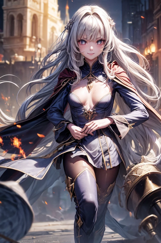(Skin Indentation:1.5), Realistically, Realistically, (masterpiece:1.5), Concept Art, Intricate details, Very detailed, Realistically, Octane Rendering, Dynamic poses, (((折射Light)),Best quality, high resolution, (Realistic face:1.1), (Surrealism:1.1), ((full_Body)),Perfect eyes,(Shiny skin:1.2), (((hairstyle))), (((Perfect hands))), (Very detailed的背景), ((castle)), (Light), ((1 Girl)), Wearing a robe, (((Flowing Cape))), ((Delicate eyes, High quality eyes, High quality face shape)), (Extremely complex robe, magic长袍), Short and delicate hair, ((cast lightning)), electrical,(( Rotating flame)), Radiant force, spark, smoke, magic, epic, battlefield, Depth of Field, blur background, 4K, Gothic, ashes, particle,Wide field of view,Long-range shooting((Small Breasts))(Smile)Deformed human soul