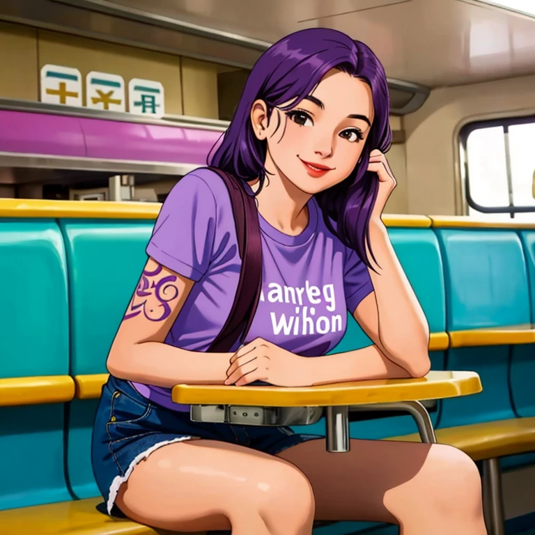 street photography photo of a young woman with purple hair, smile, happy, cute t-shirt, tattoos on her arms, sitting in a 50s diner