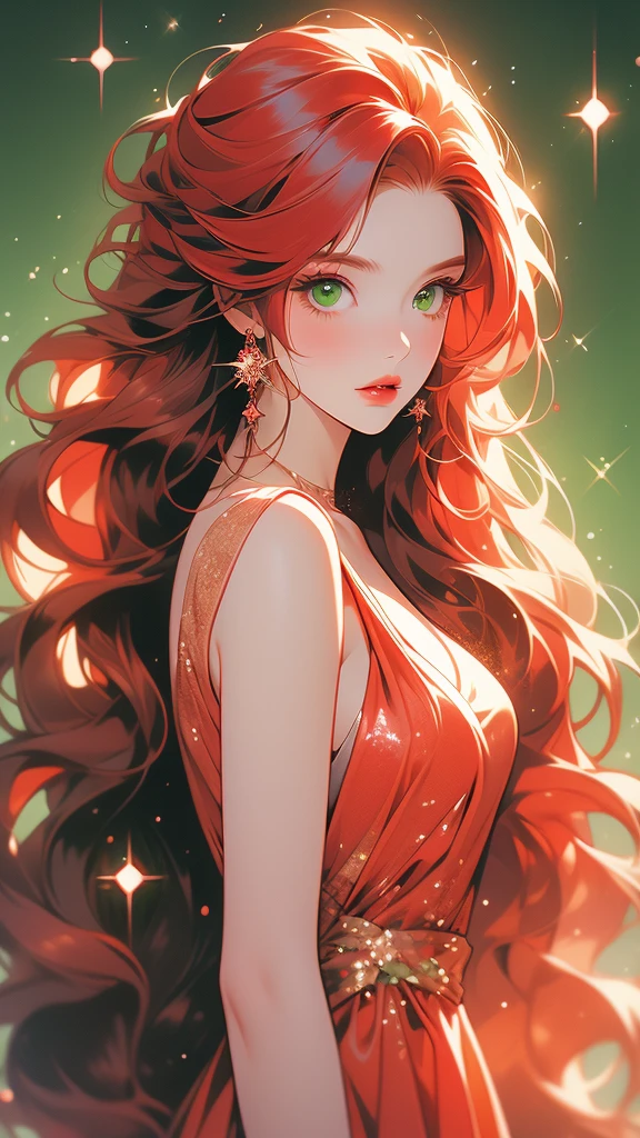 an illustration of a red haired woman with long flowing red hair, and glitter sparkles in her hair, 1girl, solo, long hair, red hair, red lips, looking at viewer, lips, green eyes