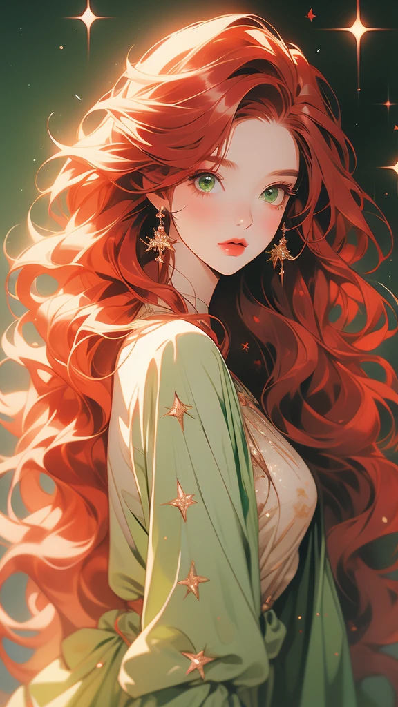 an illustration of a red haired woman with long flowing red hair, and glitter sparkles in her hair, 1girl, solo, long hair, red hair, red lips, looking at viewer, lips, green eyes
