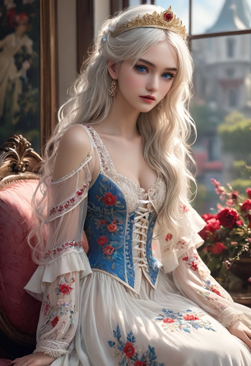 ((Extremely detailed CG unified 8k wallpaper)), masterpiece, Super detailed, floating, High resolution, Sexual innuendo, (small, Ridiculously long white hair, Princess, blue eyes, (Gorgeous long white and red sheer tiered maxi dress，Long separate wide sleeves and intricate embroidery), blush, Shy, Ruffled petticoat, Gorgeous corset,