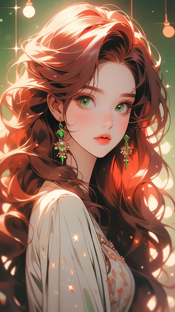 an illustration of a red haired woman with sparkling lights on her face, 1girl, solo, long hair, red hair, red lips, looking at viewer, lips, green eyes