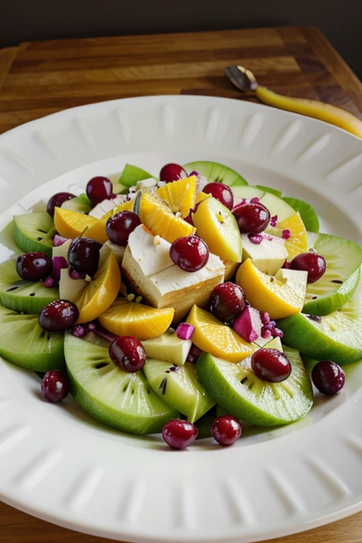 cubed apple salad, whole purple cranberries in the center, sliced kiwi, sliced yellow banana and orange segments on a plate