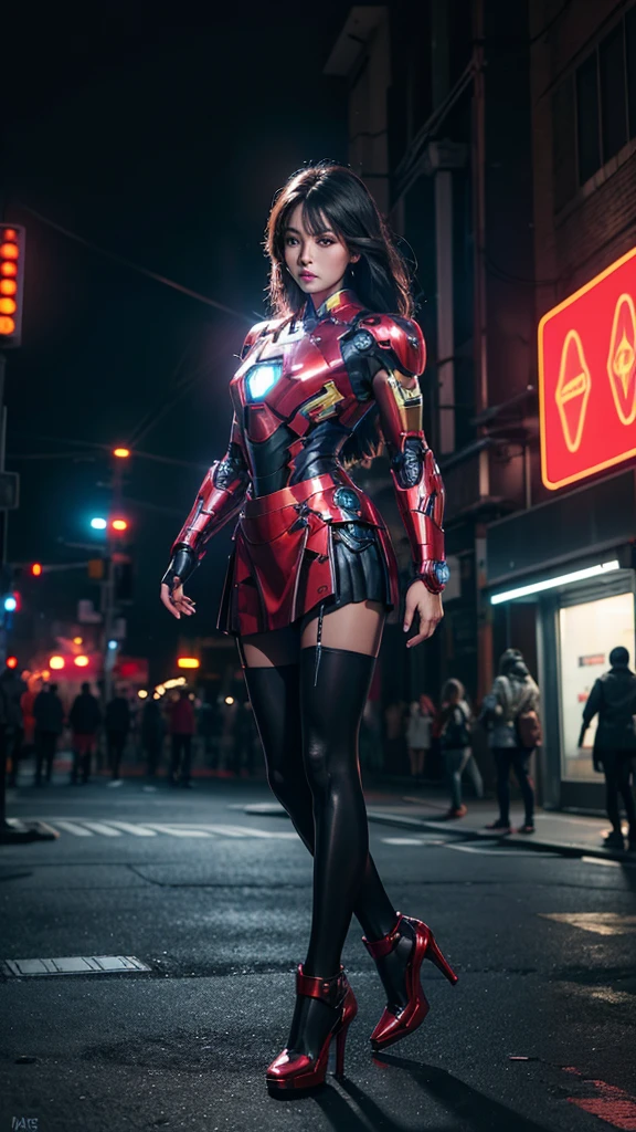 Beautiful Iron Man，Full body portrait，Wear a short skirt，Black pantyhose，Wearing high heels，Cyberpunk，Night，Hyperrealism，Neon Street，Ray Tracing，masterpiece，Light and Shadow，Fine drawing