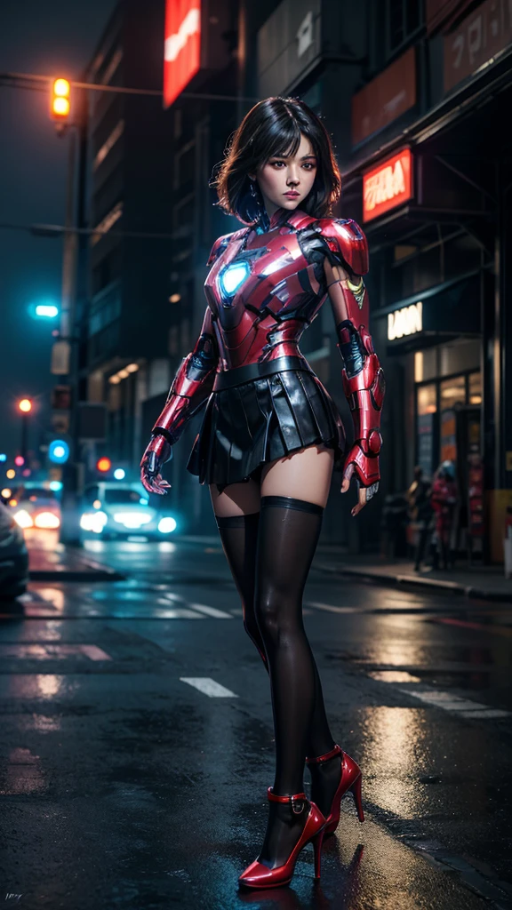 Beautiful Iron Man，Full body portrait，Wear a short skirt，Black pantyhose，Wearing high heels，Cyberpunk，Night，Hyperrealism，Neon Street，Ray Tracing，masterpiece，Light and Shadow，Fine drawing