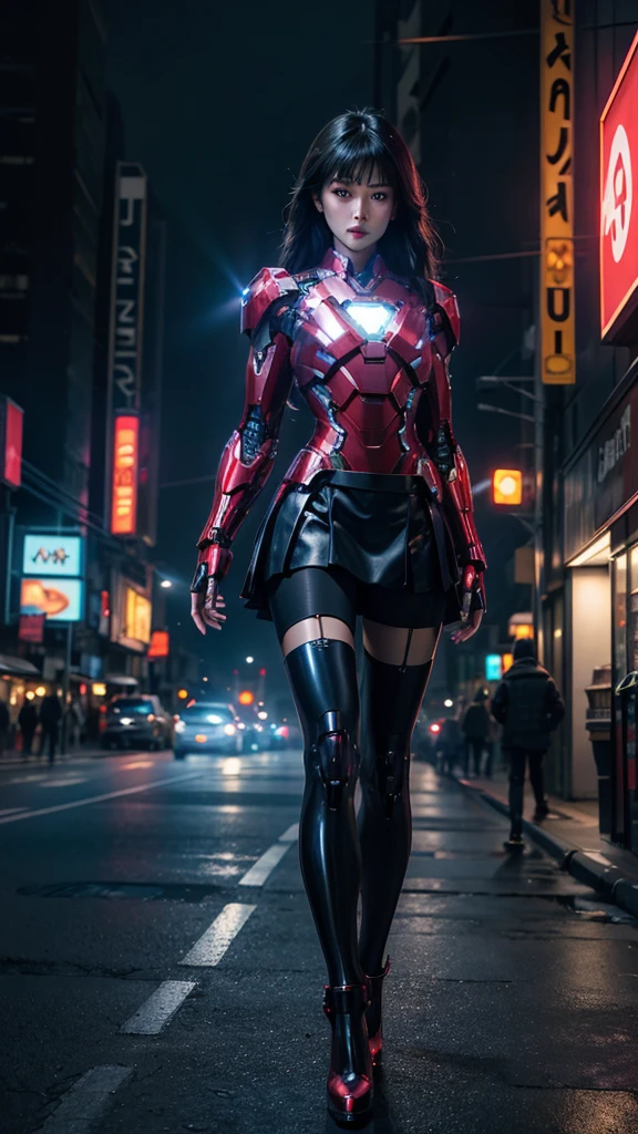 Beautiful Iron Man,Full body portrait,Wear a short skirt,Black pantyhose,Wearing high heels,Cyberpunk,Night,Hyperrealism,Neon Street,Ray Tracing,masterpiece,Light and Shadow,Fine drawing
